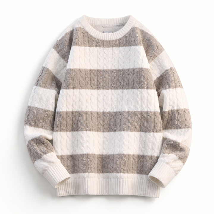Men's Cable-Knit Striped Jumper – Crew Neck Everyday Layer