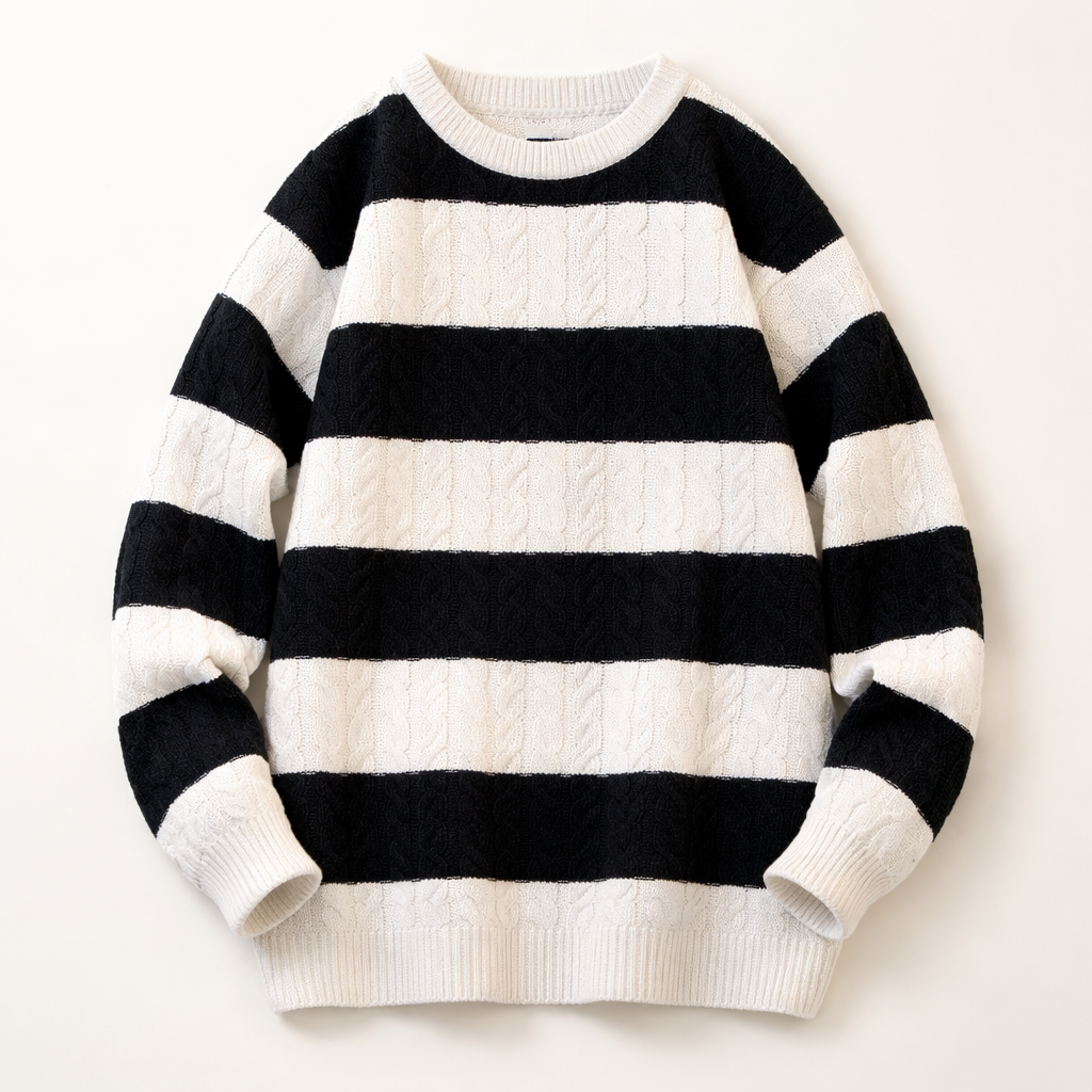 Men's Cable-Knit Striped Jumper – Crew Neck Everyday Layer