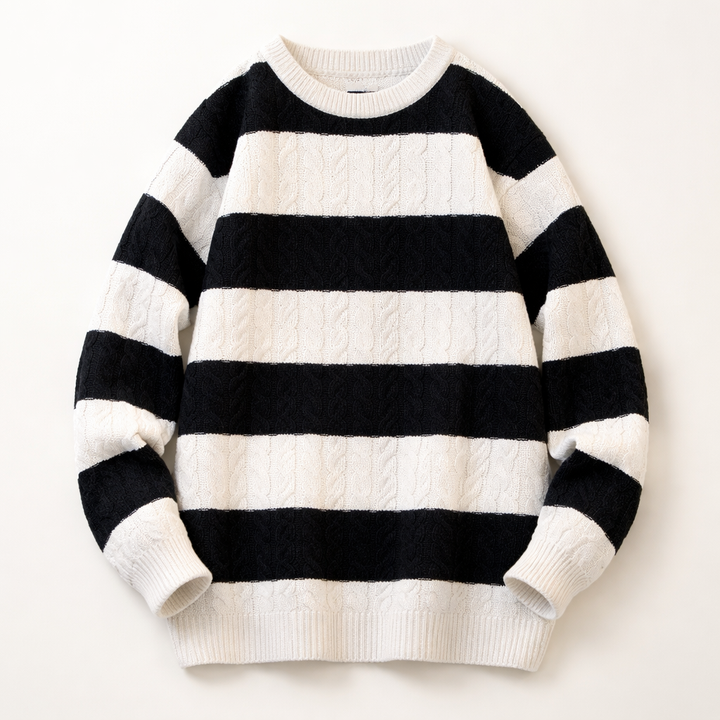 Men's Cable-Knit Striped Jumper – Crew Neck Everyday Layer