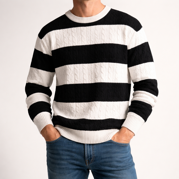 Men's Cable-Knit Striped Jumper – Crew Neck Everyday Layer