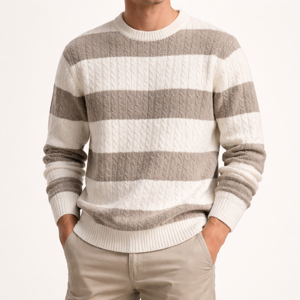 Men's Cable-Knit Striped Jumper – Crew Neck Everyday Layer