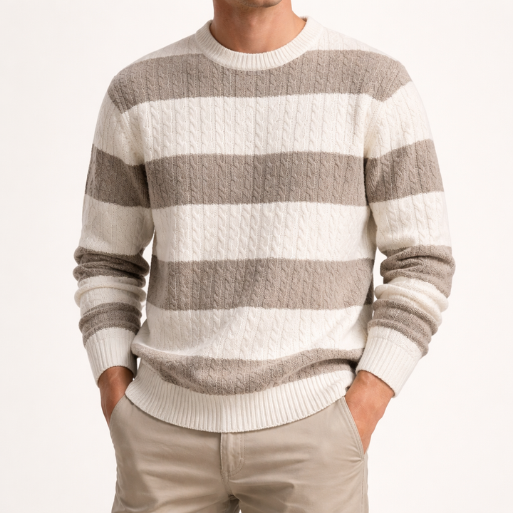 Men's Cable-Knit Striped Jumper – Crew Neck Everyday Layer