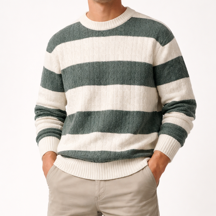 Men's Cable-Knit Striped Jumper – Crew Neck Everyday Layer