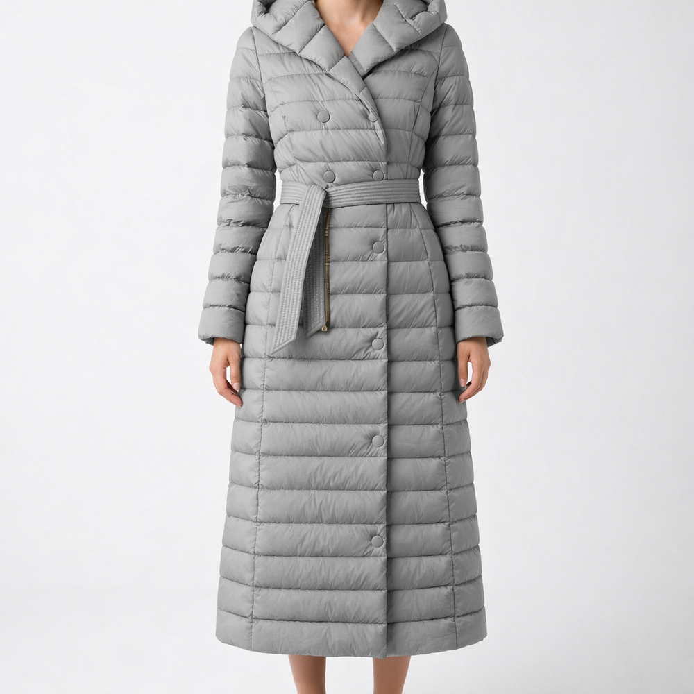 Women's Down Quilted Trench Coat – Belted Mid-Calf Warmth