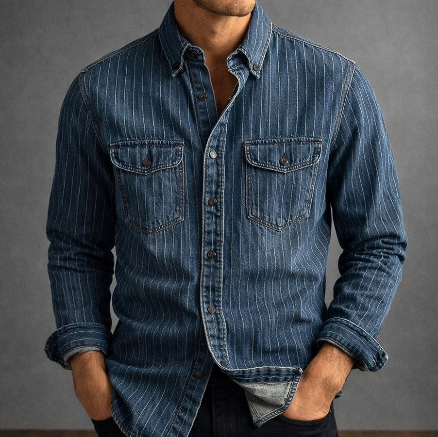 Men's Pinstripe Denim Shirt – Stretch Cotton Workwear Shirt