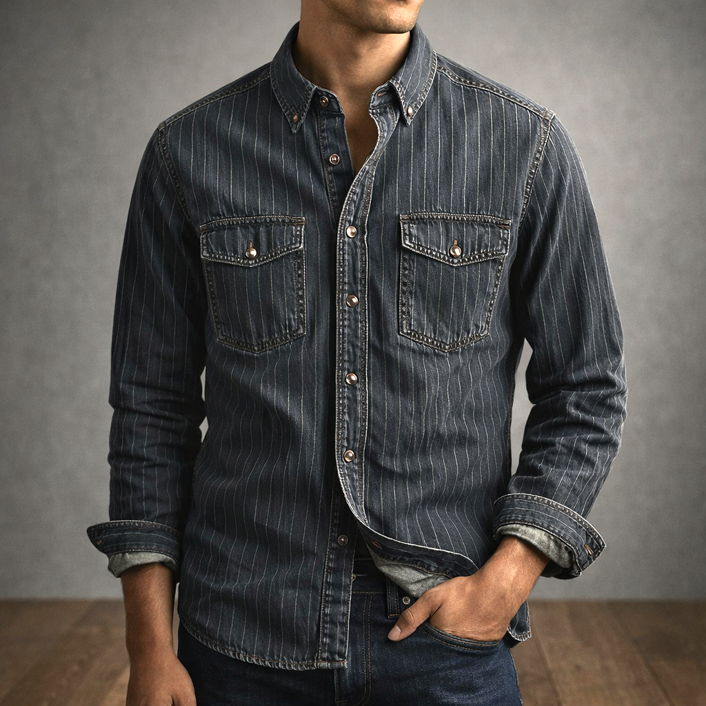 Men's Pinstripe Denim Shirt – Stretch Cotton Workwear Shirt