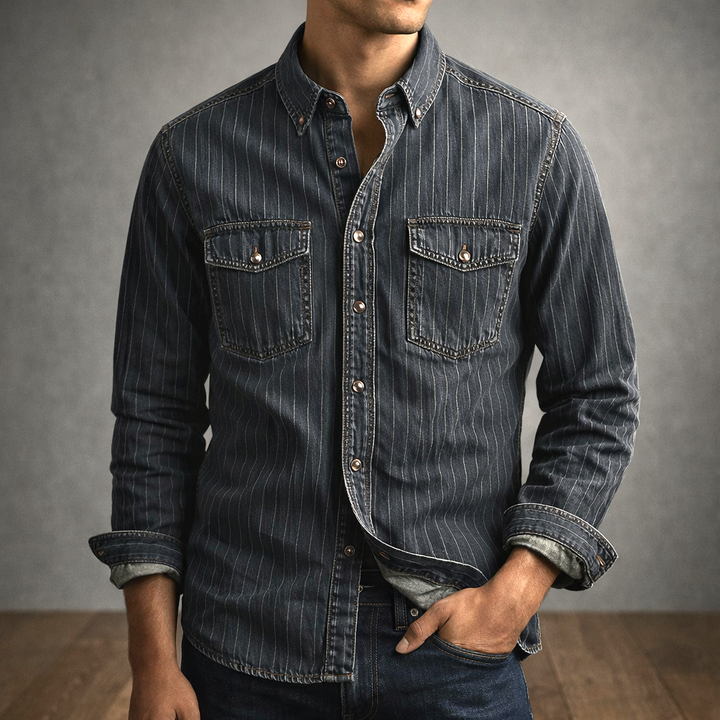 Men's Pinstripe Denim Shirt – Stretch Cotton Workwear Shirt