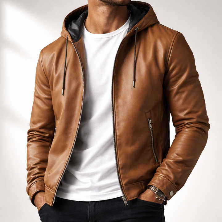 Men's Hooded Leather Jacket – Soft Stretch Casual Biker