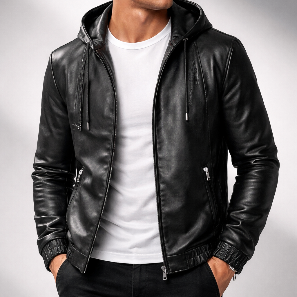 Men's Hooded Leather Jacket – Soft Stretch Casual Biker
