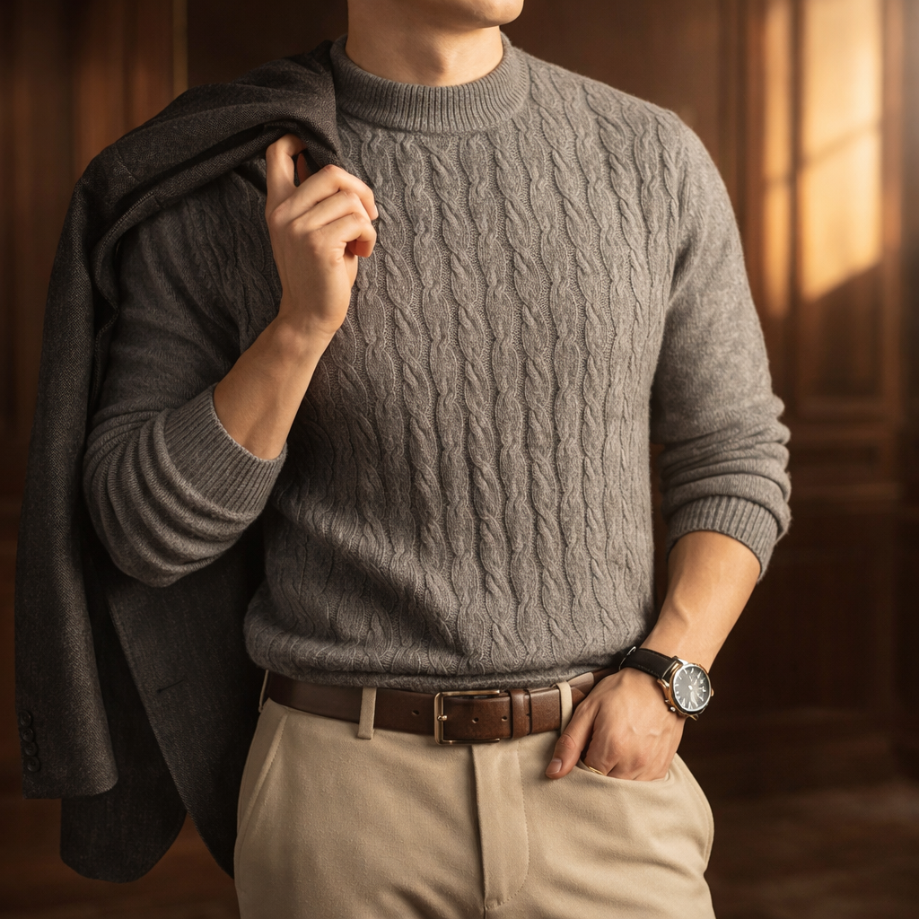 Men's Cable Knit Cotton Jumper – Textured Crew Neck Sweater