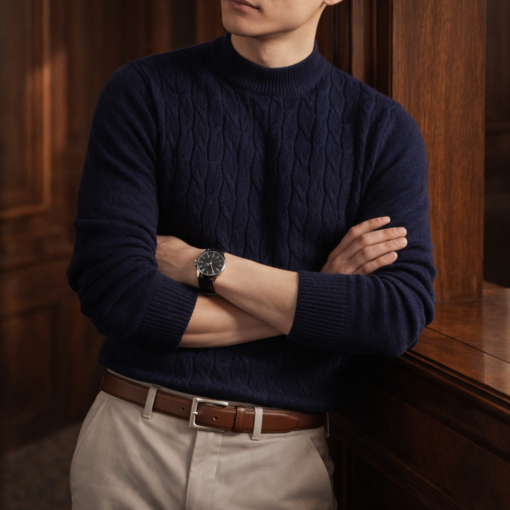 Men's Cable Knit Cotton Jumper – Textured Crew Neck Sweater