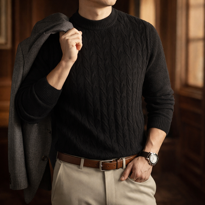 Men's Cable Knit Cotton Jumper – Textured Crew Neck Sweater