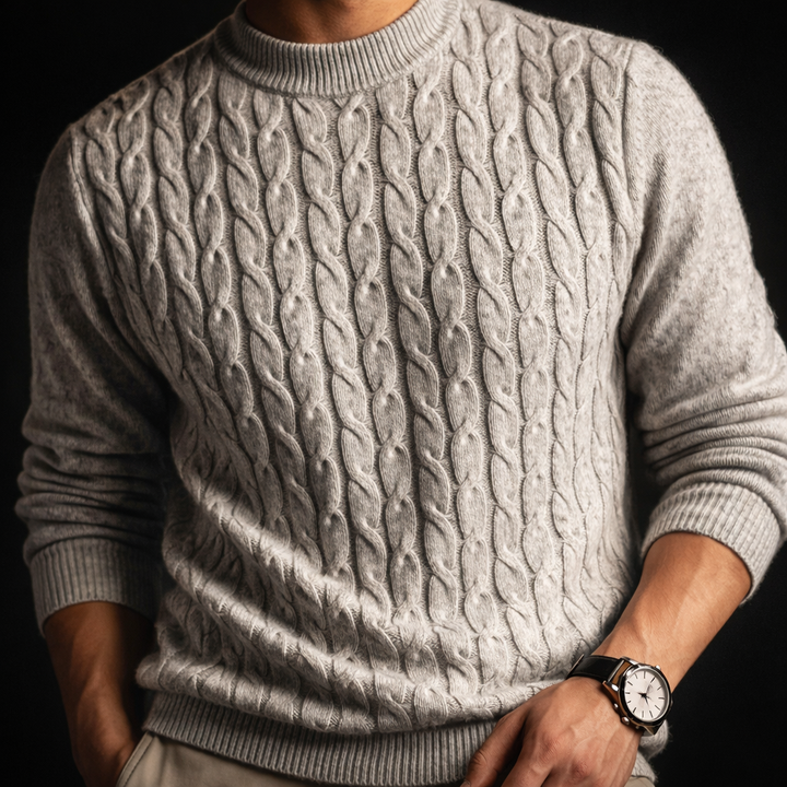 Men's Cable Knit Cotton Jumper – Textured Crew Neck Sweater