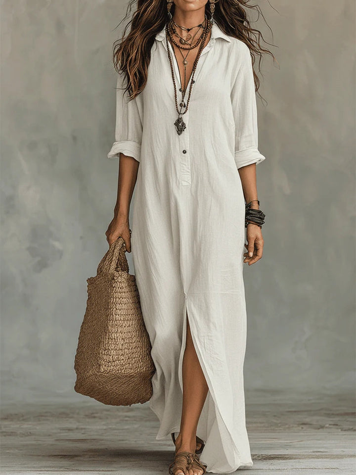Women's Button-Front Maxi Dress - Flattering Silhouette for Everyday