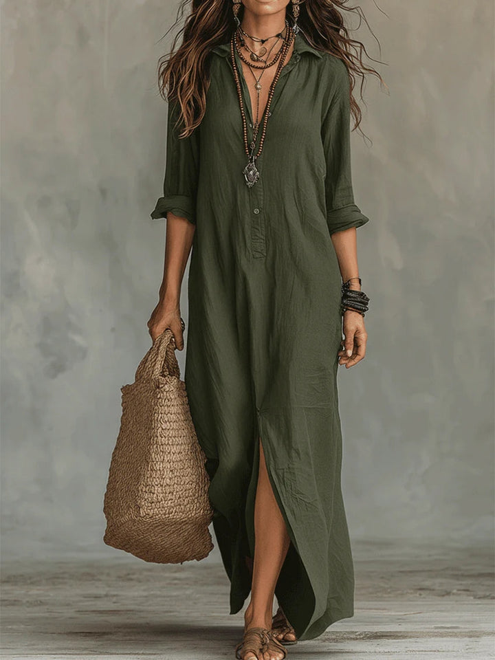 Women's Button-Front Maxi Dress - Flattering Silhouette for Everyday