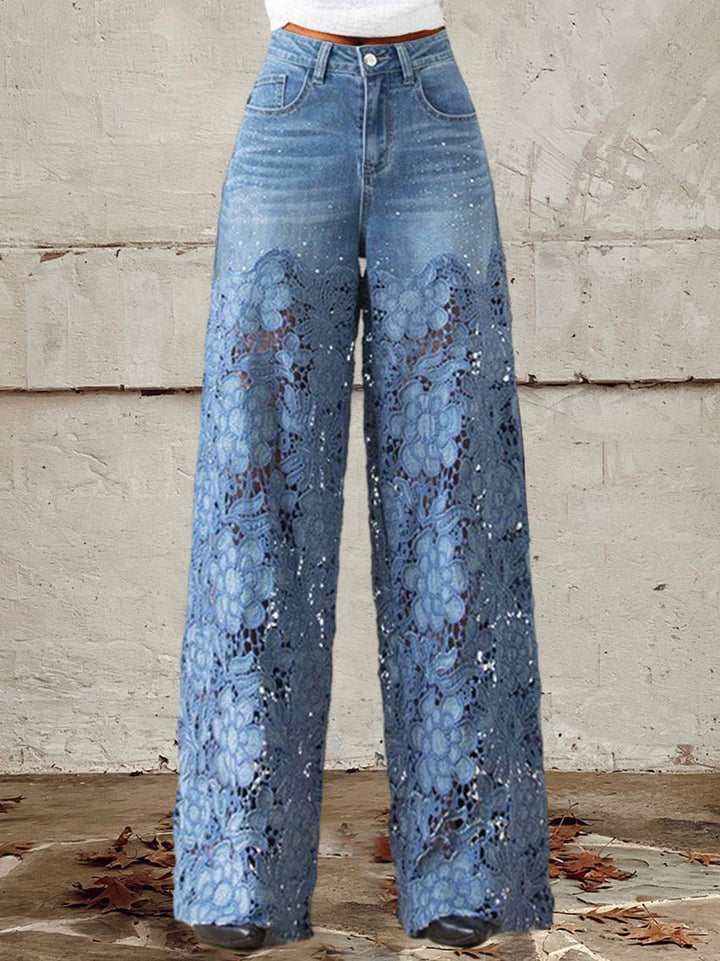 Women's Lace Accent Wide-Leg Denim Jeans - Edgy Meets Elegant