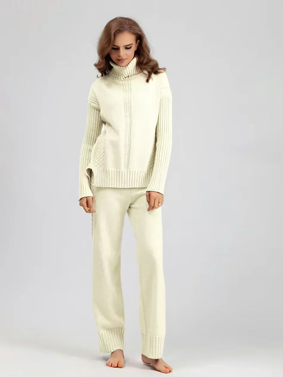 Women's Turtleneck Knit Sweater and Loose Pants Set - Cozy Casual