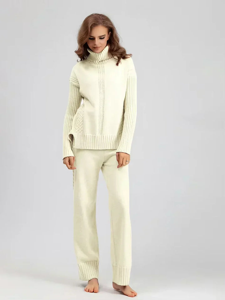 Women's Turtleneck Knit Sweater and Loose Pants Set - Cozy Casual