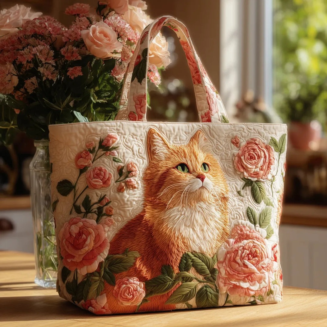 Women's Red Cat and Roses Printed Padded Tote Bag - Everyday Carry