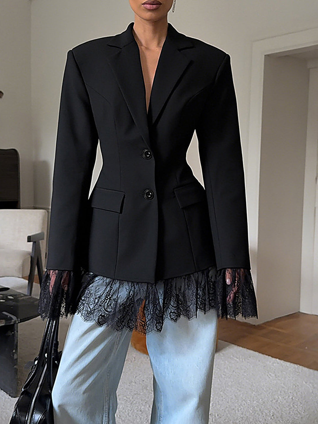 Black Lace-Splice Commuter Blazer