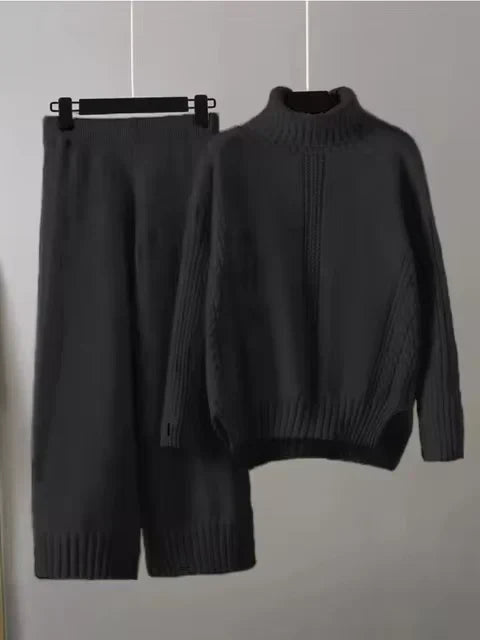 Women's Turtleneck Knit Sweater and Loose Pants Set - Cozy Casual