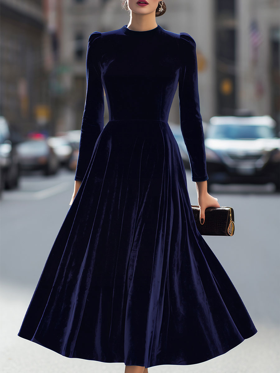 Women's Navy Blue Velvet Long-Sleeve Midi Dress - Evening Elegance