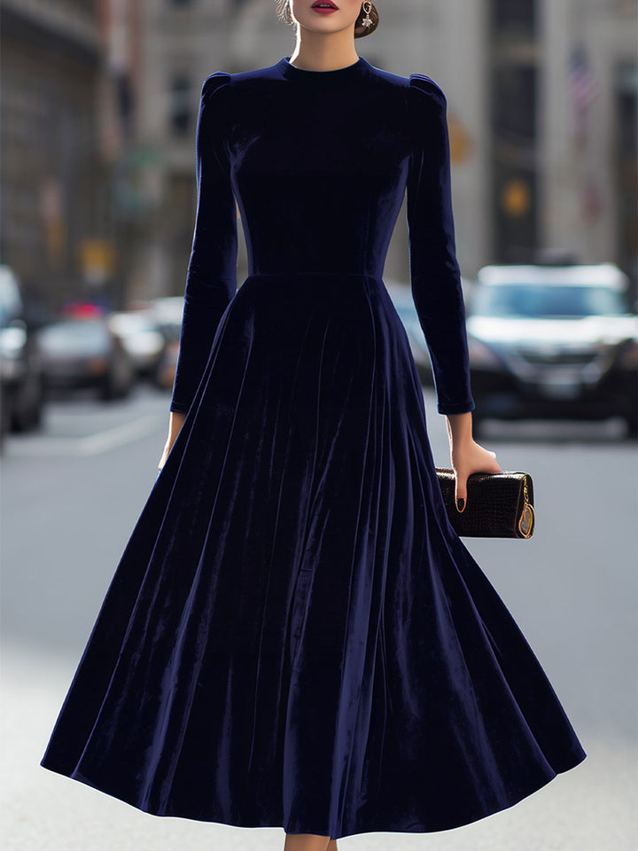 Women's Navy Blue Velvet Long-Sleeve Midi Dress - Evening Elegance
