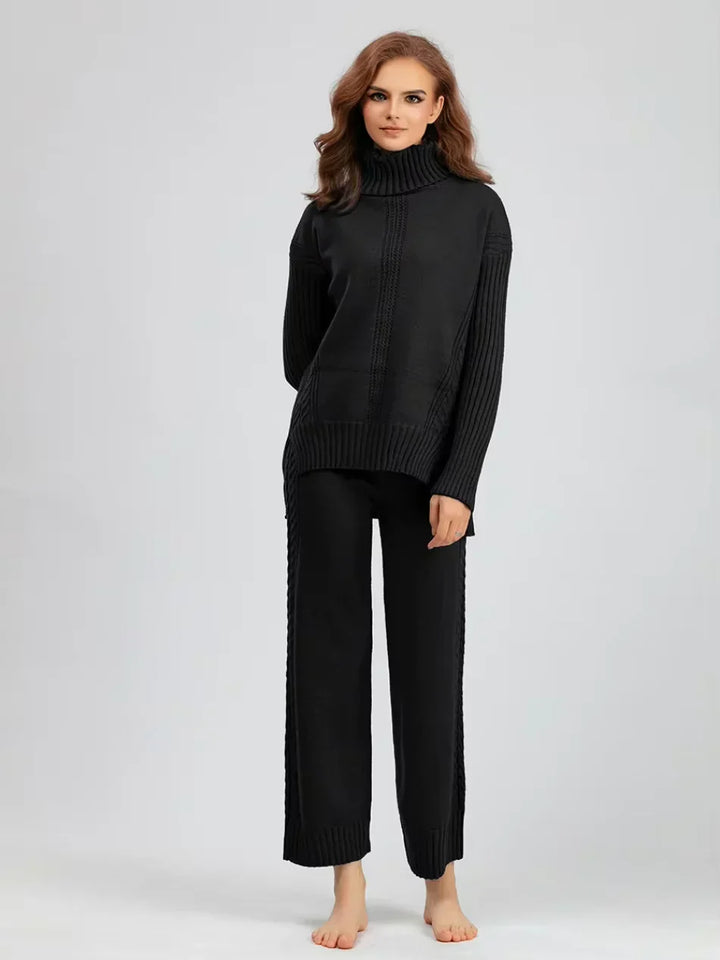 Women's Turtleneck Knit Sweater and Loose Pants Set - Cozy Casual