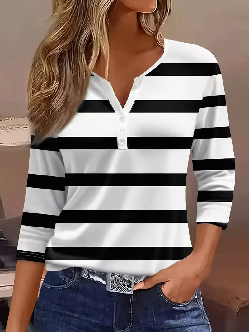 Women's Striped Button Henley Top - Effortless Everyday Style