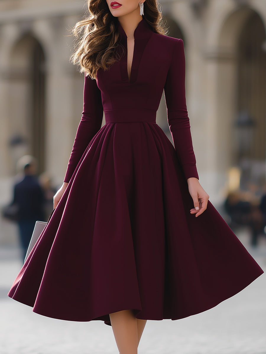 Women's Burgundy V-Neck Midi Dress - Elegant Formal Wear