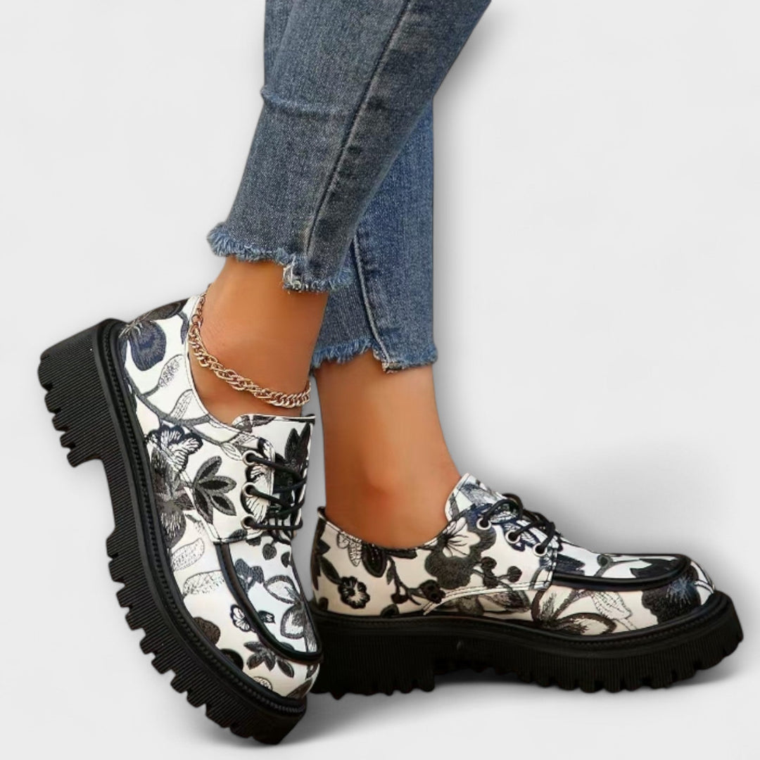 Women's Elegant Retro Loafers - Floral with Metallic Buckle