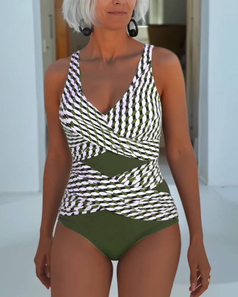 Women's Geometric Wrap One Piece Swimsuit - Elegant & Flattering