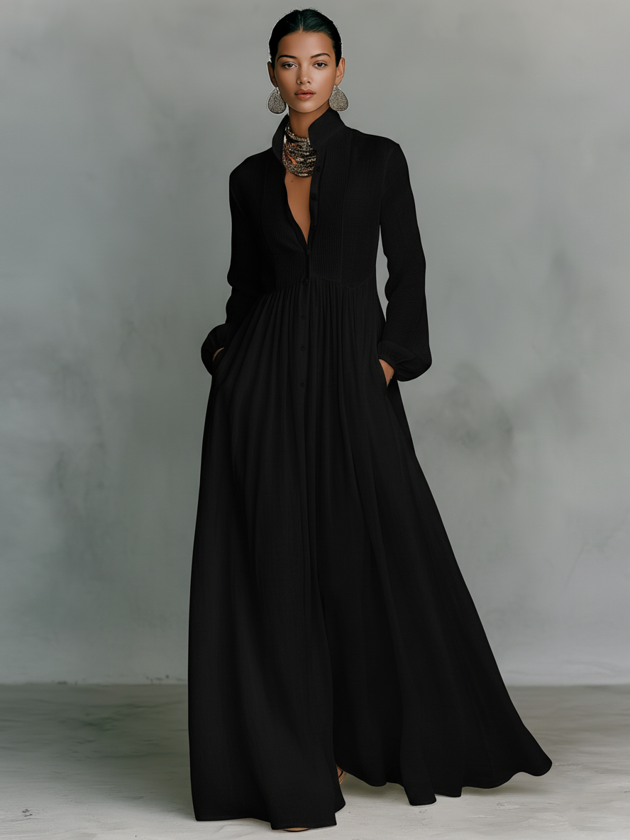 Women's Cotton Linen Maxi Dress - Elegant Patchwork Design