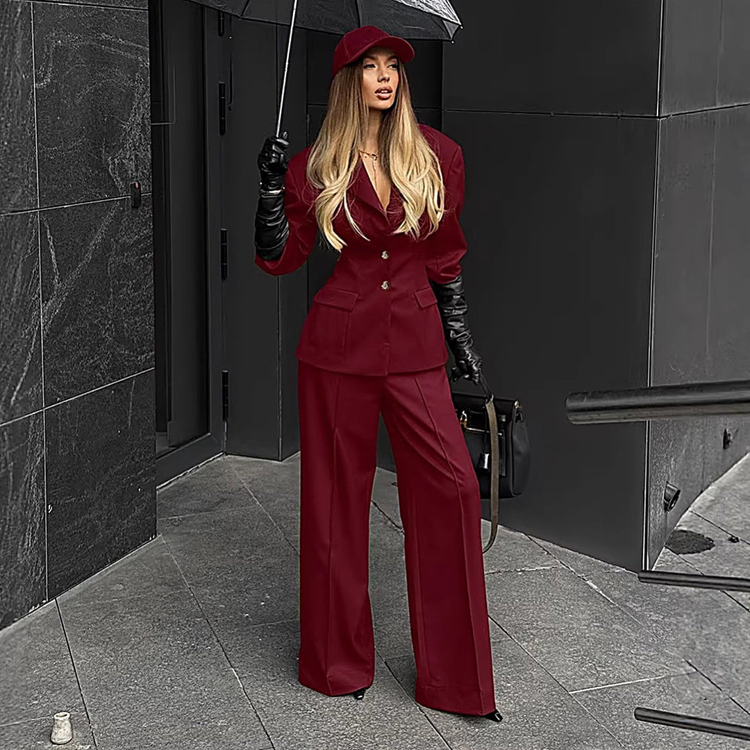 Retro Burgundy Padded-Shoulder Blazer + Trousers Set