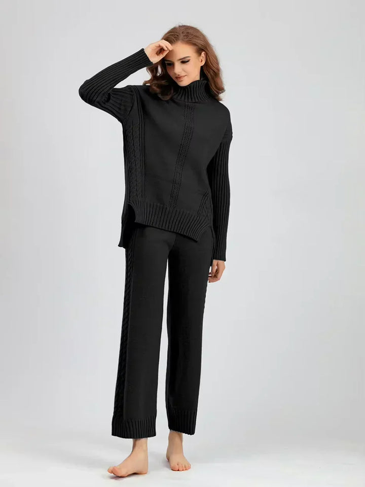 Women's Turtleneck Knit Sweater and Loose Pants Set - Cozy Casual