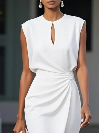 Women's Stretch Midi Dress with Side Drape - Effortless Elegance