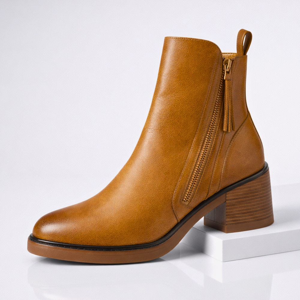 Women's Leather Ankle Boots – Block Heel with Side Zip