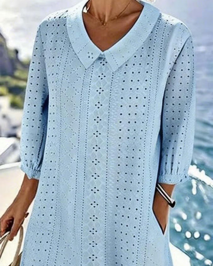 Women's Eyelet Midi Dress - Effortless Coastal Elegance