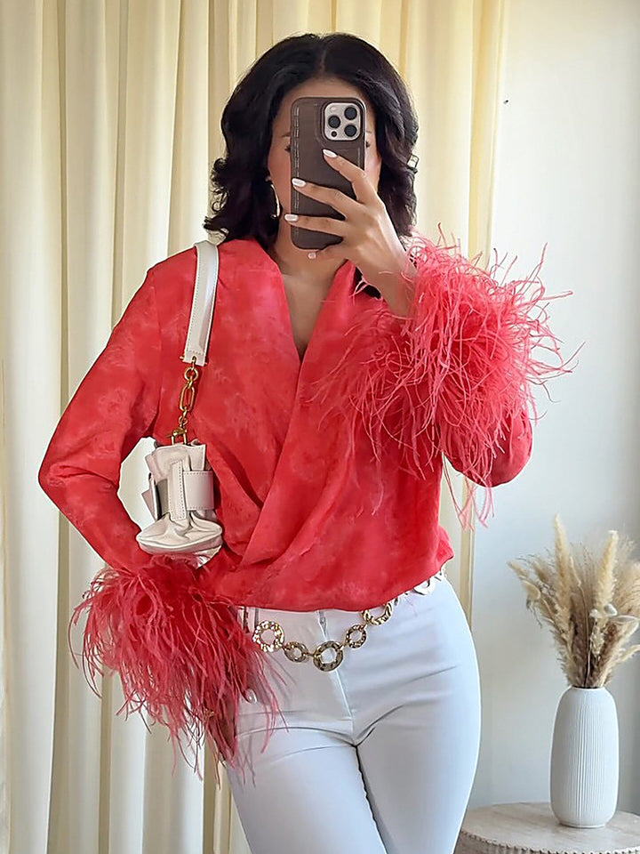 Jacquard Tassel V-Neck Top + Trousers Set