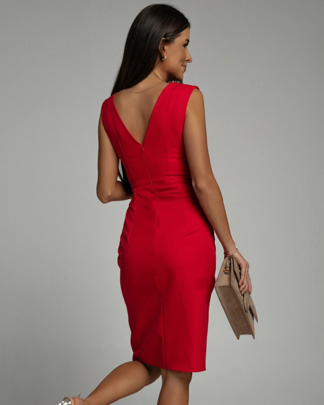 Women's Fitted V-Neck Dress - Elegant Silhouette for Special Occasions