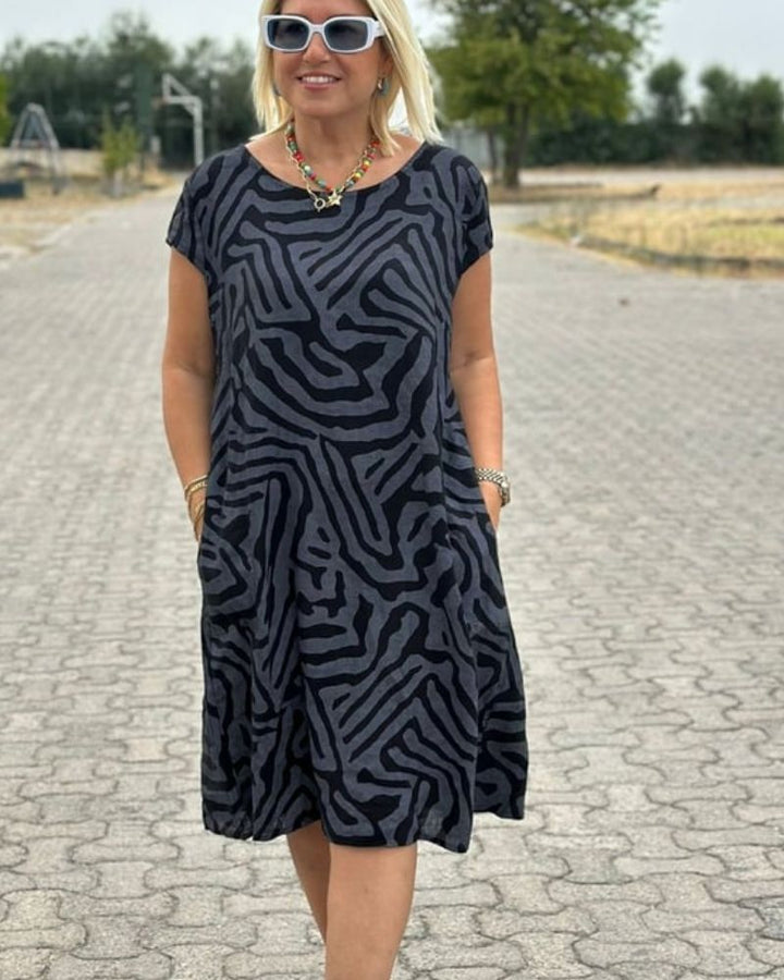 Women's Abstract Print Round Neck Midi Dress - Summer Essential