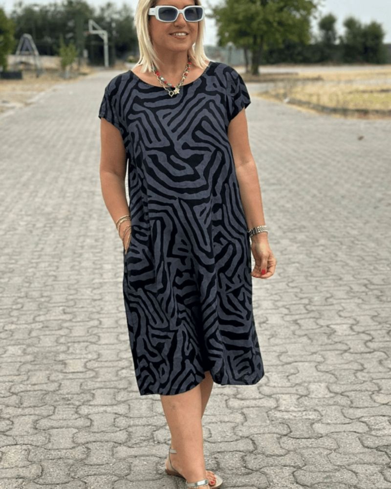 Women's Abstract Print Round Neck Midi Dress - Summer Essential