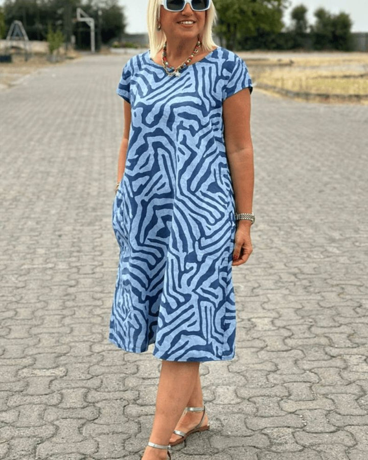 Women's Abstract Print Round Neck Midi Dress - Summer Essential