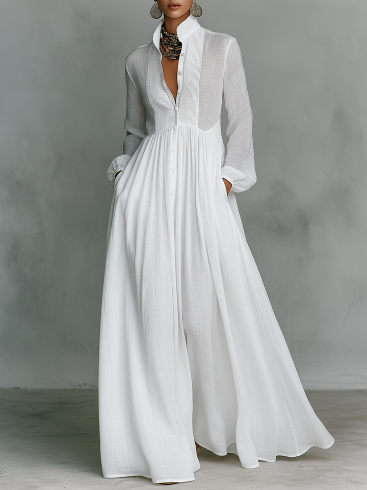Women's Cotton Linen Maxi Dress - Elegant Patchwork Design