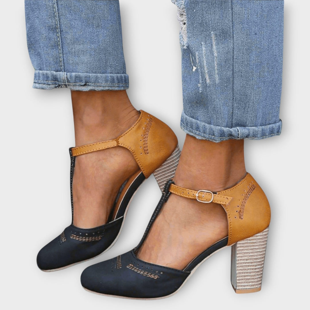Women's Retro Two-Tone T-Strap Block Heels - Everyday Versatility