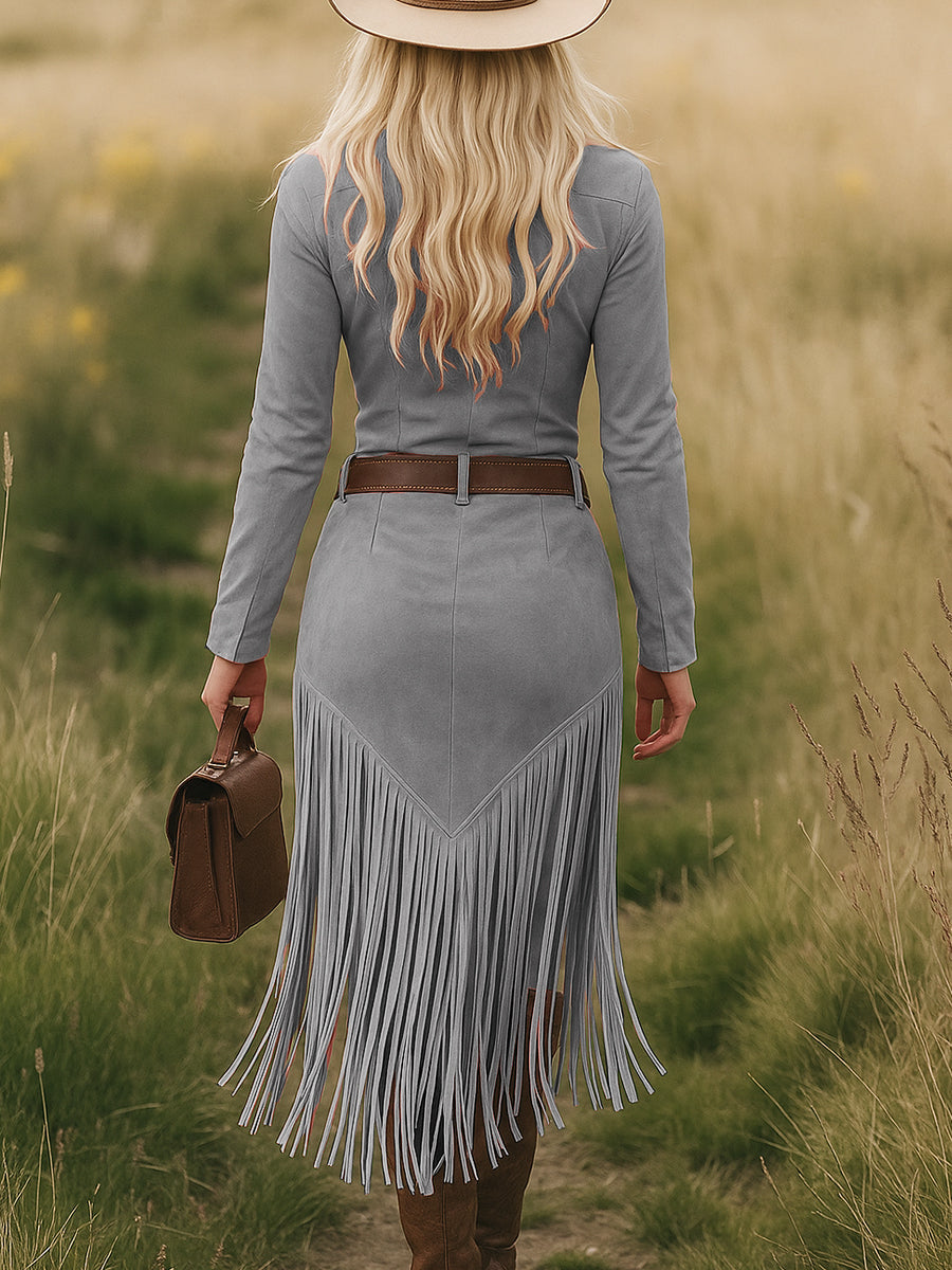 Women's Suede Fringe Dress - Free-Spirited Artistic Style