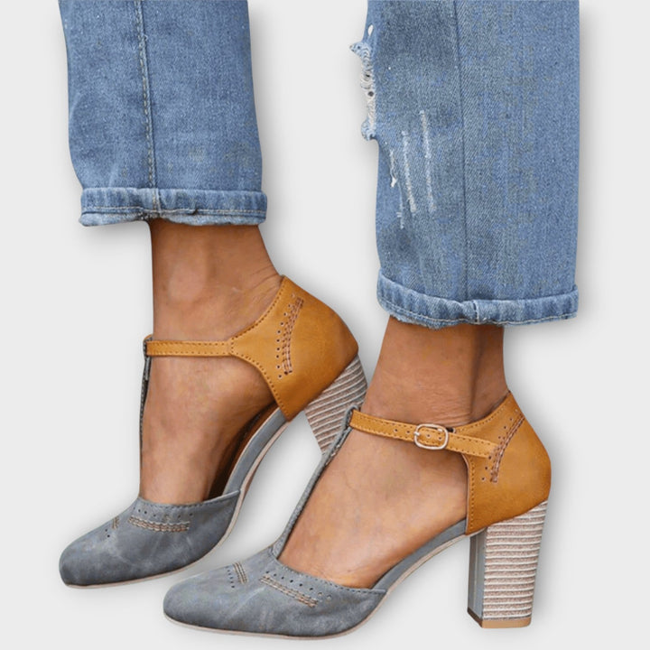 Women's Retro Two-Tone T-Strap Block Heels - Everyday Versatility