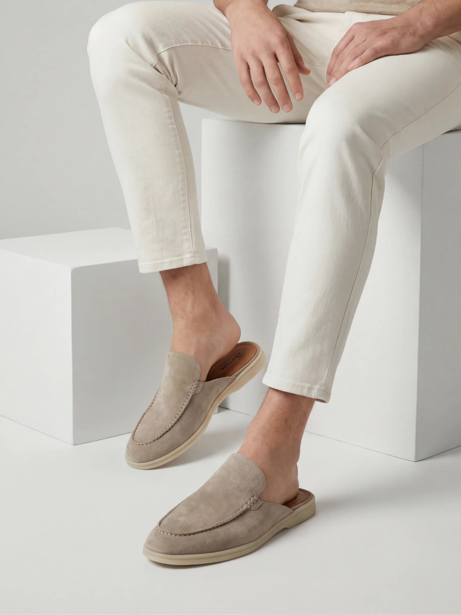 Men's Leather Slip-On Mules – Yacht Loafers – Light Grey