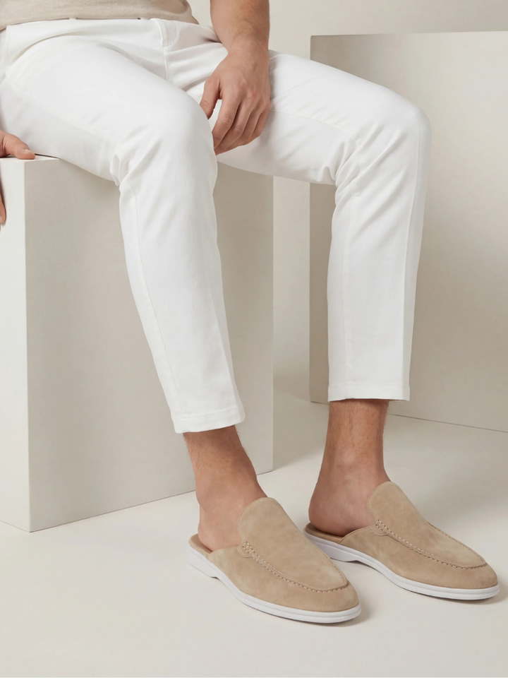 Men's Leather Slip-On Mules – Yacht Loafers – Beige