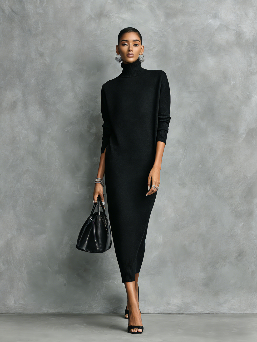 Women's Knitted Turtleneck Midi Dress - Cozy and Chic
